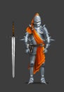 Armor ancient knight with a sword and orange cloth.