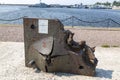 Armor plate used to test armor-piercing shells at an arms exhibition on the pier in