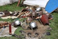 Armor, swords and shields on sale at the re-enactment of the Battle of Hastings in the UK