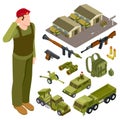 Armor weapon collection and accessorises. Soldier, military base, volley fire system and infantry fighting vehicle Royalty Free Stock Photo