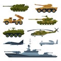 Armored Army Vehicles Collection, Military Heavy Special Transport, Tank, Aircraft Fighter, Rocket Launcher, Helicopter Royalty Free Stock Photo