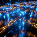 Blue Glowing Data Cubes Wrapped in Golden Encrypted Chains Royalty Free Stock Photo