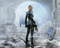 Armored female soldier posing in front of a futuristic city.