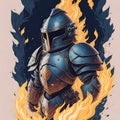 Armored knight against a backdrop of exploding fire.generative AI