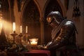 Armored knight looking at candles while praying in church. Generative AI