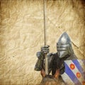 Armored knight on warhorse - retro postcard Royalty Free Stock Photo