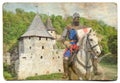 Armored knight on warhorse - retro postcard