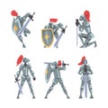 Armored Knights as Medieval Warrior or Soldier in Metal Helmet and Sword Vector Set