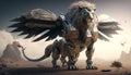 Armored Mechanical Lion king on battlefield. 3d rendering of a futuristic mechanical Lion