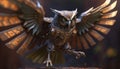 armored mechanical owl. Stylized metal collage of owl