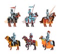 Armored Medieval Knight or Cavalryman Sitting on Horseback Holding Lance Vector Set