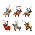 Armored Medieval Knight or Cavalryman Sitting on Horseback Holding Lance Vector Set