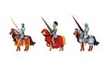 Armored Medieval Knight or Cavalryman Sitting on Horseback Holding Lance Vector Set