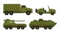 Armored Military Vehicles with Heavy Tank System and Cargo Truck Vector Set