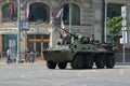 Armored personnel carrier BTR-82A on Tverskaya street in Moscow during the dress rehearsal of the parade dedicated to the 75th ann