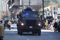 Armored police vehicle at st. patrick's day parade