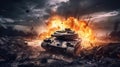 Armored tank shooting of a battle field in a war. bombs and explosions in war. Generative Ai