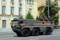 Armored trucks of the military police KAMAZ-63968 `Typhoon-K` for transporting personnel on Okhotny Ryad, during the parade dedica