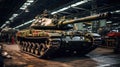 Armored vehicle in military plant, modern tank stored in warehouse of factory. Interior of industrial hangar. Concept of