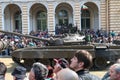 Armored vehicles tracked tanks T72 on military hardware parade.