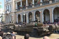Armored vehicles tracked tanks T72 on military hardware parade.