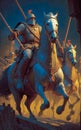 Armoured knights ride out to war, vintage fantasy fiction paperback style art. Generative AI