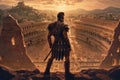 Armoured Roman SPQR Gladiator overlooking the amphitheater of ancient Rome. Generative AI