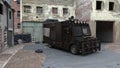 3D rendering of an armoured zombie hunter van in a ruined post apocalyptic urban street
