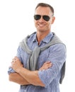 Arms crossed, cool and portrait of a man with sunglasses isolated on a white background in studio. Happy, confident and Royalty Free Stock Photo