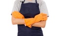 Arms Crossed Wearing Apron And Rubber Gloves. Royalty Free Stock Photo