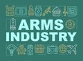 Arms industry word concepts banner. Military force technology. Soldiery training. Presentation, website. Isolated