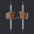 Arms of male prisoner in handcuffs holding jail bars vector graphic illustration Royalty Free Stock Photo