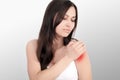 Arms Pain. Beautiful Woman Suffering From Painful Feeling In Arm Muscles. Closeup Of Female Body Feeling Pain In Shoulders, Touchi Royalty Free Stock Photo