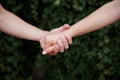 Arms of young couple in love, embracing. Close-up picture of romantic couple hands holding together in front of green leaves wall