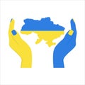 Yellow and blue hands hug the map of Ukraine. Royalty Free Stock Photo
