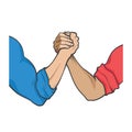 Armwrestling sport. Two arms competing. red and blue sleeve opponent symbol. arm wrestling vector cartoon illustration. Elbows on Royalty Free Stock Photo