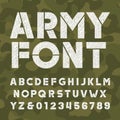 Army alphabet font. Scratched bold type letters and numbers on camo background.