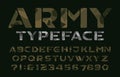 Army alphabet font. Stencil camouflage uppercase letters and numbers on a dark background.