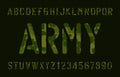 Army alphabet font. Stencil pixel camouflage letters and numbers on a dark background.