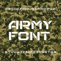 Army alphabet font. Stencil type letters and numbers on a seamless pixel camo background.