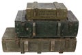 Army ammunition stack of green crates. Text in russian - type of ammunition, projectile caliber, projectile type, number of pieces