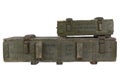 Army ammunition stack of green crates. Text in russian - type of ammunition, projectile caliber, projectile type, number of pieces Royalty Free Stock Photo