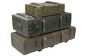 Army ammunition stack of green crates. Text in russian - type of ammunition, projectile caliber, projectile type, number of pieces Royalty Free Stock Photo