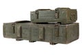 Army ammunition stack of green crates. Text in russian - type of ammunition, projectile caliber, projectile type, number of pieces Royalty Free Stock Photo