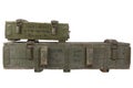 Army ammunition stack of green crates. Text in russian - type of ammunition, projectile caliber, projectile type, number of pieces