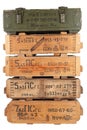 Army ammunition stack of wooden crates. Text in russian - type of ammunition, projectile caliber, projectile type, number of Royalty Free Stock Photo