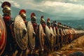 An army of ancient Greek hoplites, armed with spears and shields, marches towards the enemy