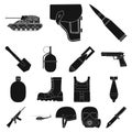 Army and armament black icons in set collection for design. Weapons and equipment vector symbol stock web illustration.