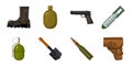 Army and armament icons in set collection for design. Weapons and equipment vector symbol stock web illustration.