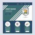 Army badge flat landing page website template. Battle strategy, civilians, strategic facilities. Web banner with header